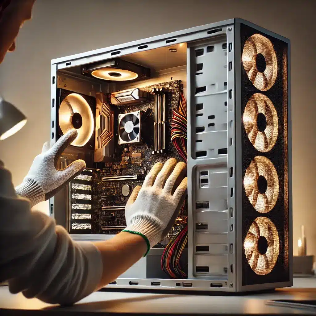 Technicien qui répare un PC tour moderne, style propre, pro, focus sur composants