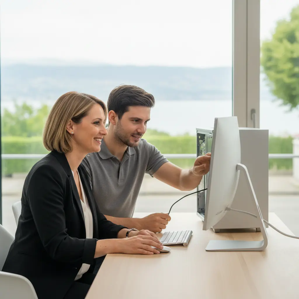 un technicien en train de configurer un PC.